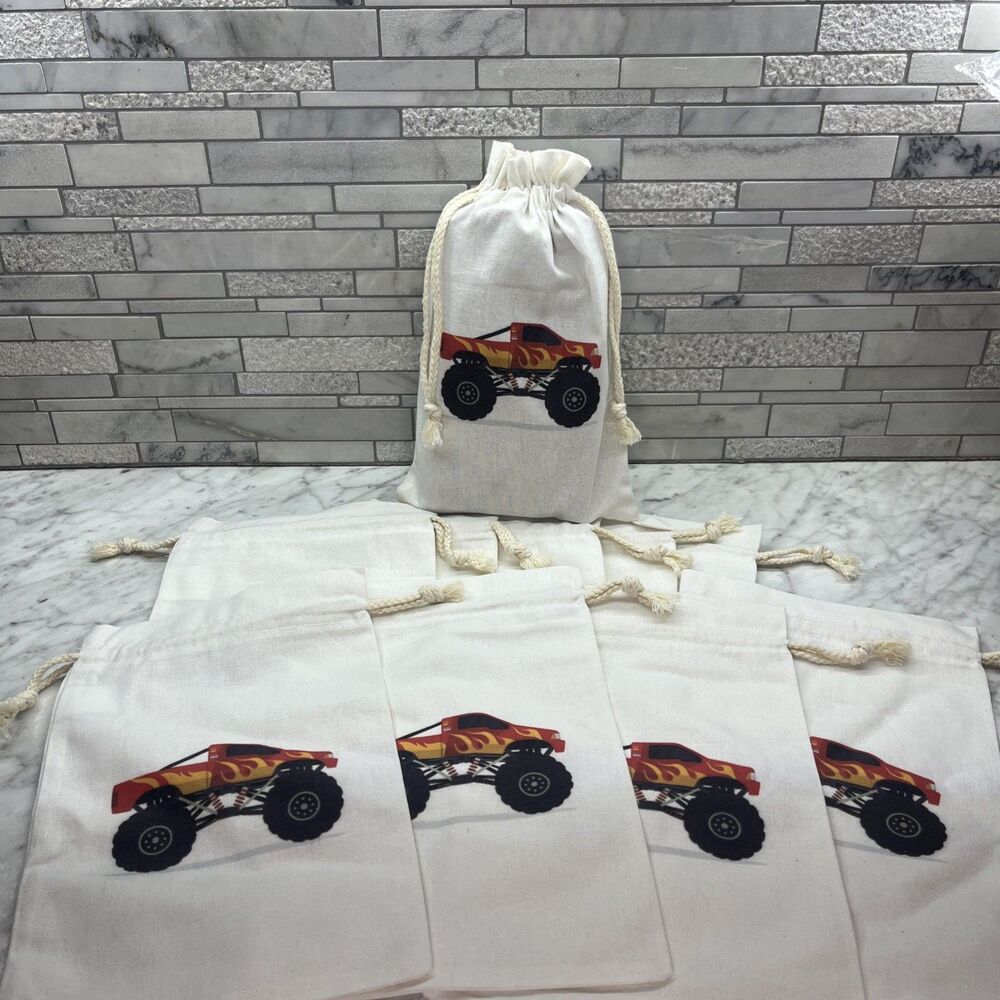 Monster Truck  reusable Party Favor, treat gift bags 10 - 8X10 canvas drawstring